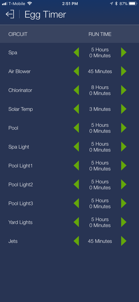 Interface do aplicativo ScreenLogic Connect exibindo a tela Egg Timer com configurações de tempo de execução para os circuitos de spa, piscina e iluminação.