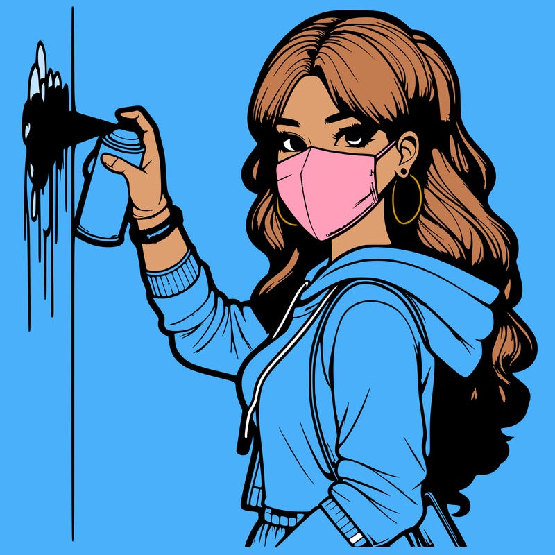 realistic girl with mask spray painting a wall