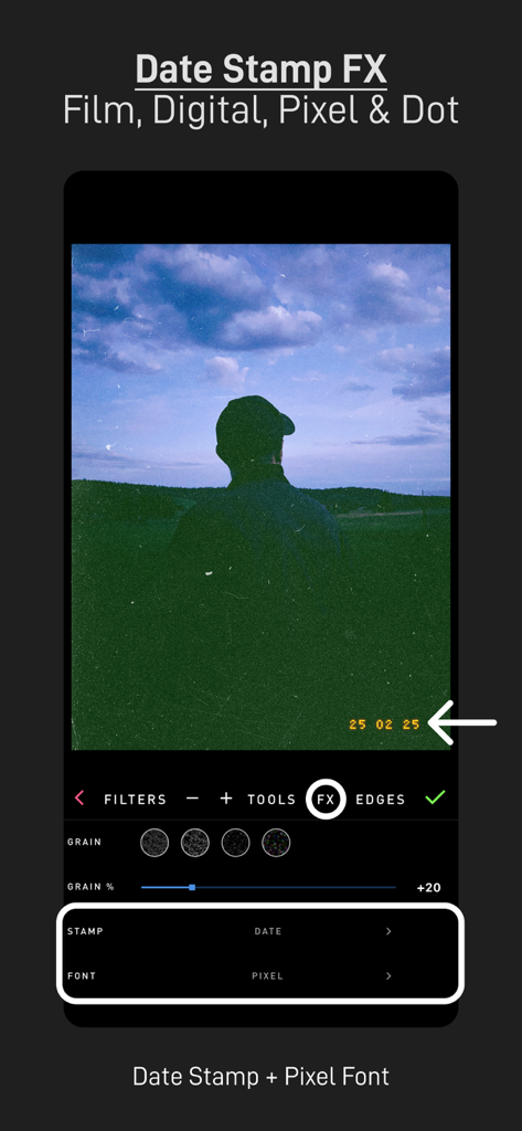 PICFX Picture Editor & Borders - PICFX app interface showing a vintage date stamp effect with pixel font on a nostalgic photo