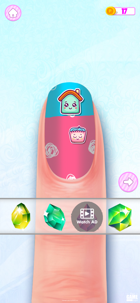 Nail Salon Game: Makeup Games - Una uña decorada con lindas pegatinas y una selección de gemas coloridas en un juego de salón de uñas