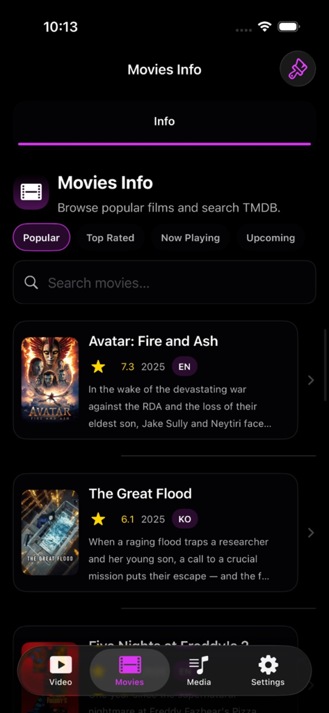 MovieBox : Movies , TV Show - MovieBox app interface showing a list of popular movies with ratings and descriptions in dark mode.