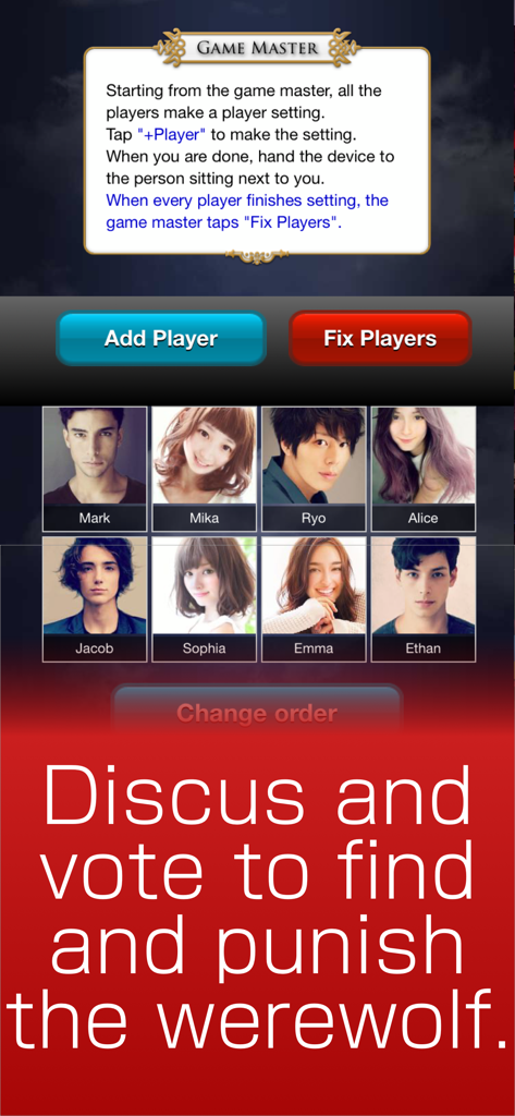 Werewolf Special Package - Setup screen for Werewolf Special Package app showing player avatars and game master instructions