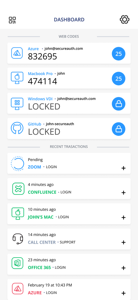 SecureAuth Authenticate - SecureAuth Authenticate app dashboard showing multi-factor authentication codes and a history of recent login transactions.