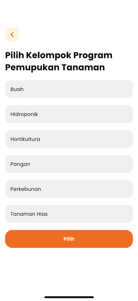 Petani Cerdas - Menu screen in the Petani Cerdas app for selecting a plant fertilization program category like hydroponics or fruit