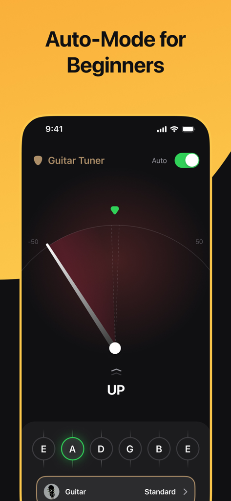 Guitar Tuner + Ukulele & Bass - Interfaz de aplicación de afinador de guitarra que muestra el modo automático para principiantes con una aguja de detección de tono e indicadores de cuerdas.