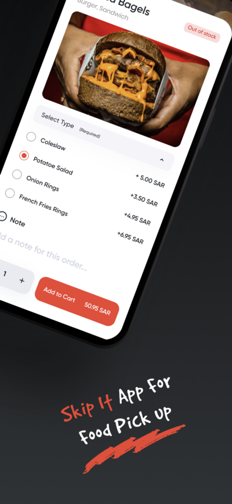 Skip App - Skip App mobile interface showing a food menu with customization options and an add to cart button for pickup