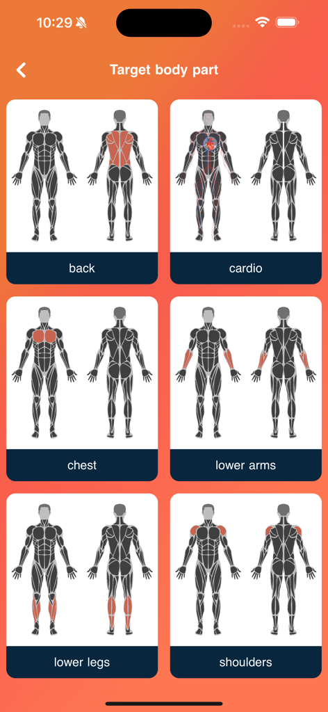 Fit Pro: Home & Gym Workouts - Interfaz que muestra varios grupos musculares a trabajar para rutinas en casa y gimnasio.
