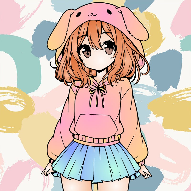 pretty anime girl wearing a fluffy hoodie with bunny ears on the hood and a skirt