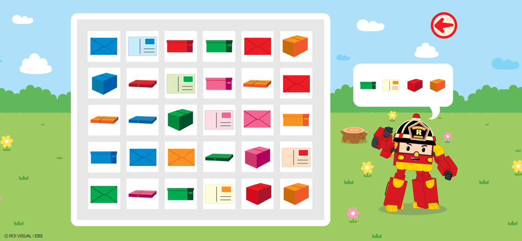 Robocar Poli New Adventures - Roy the fire truck guiding a matching and sorting game in Robocar Poli New Adventures