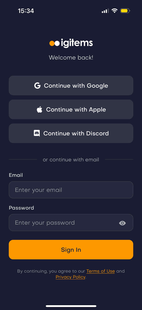 A tela de login do aplicativo móvel igitems apresentando botões de login social para Google, Apple e Discord, juntamente com um formulário de login por e-mail