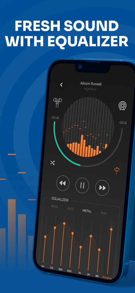 Headphones and Speaker Connect app interface featuring a multi-band audio equalizer and music playback controls