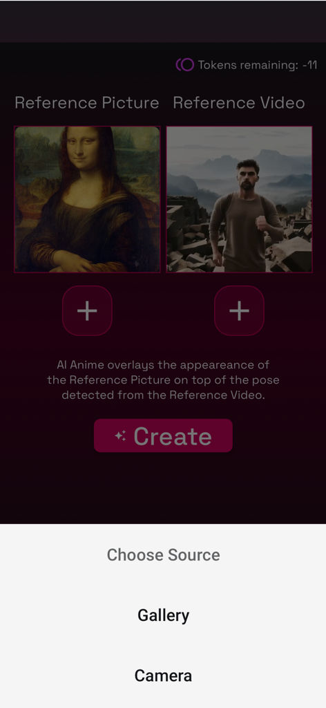 AI Animate: Photo to Video App - Interface do aplicativo móvel mostrando a seleção de uma imagem de referência e um vídeo de referência para criar uma animação de IA por imitação de pose.