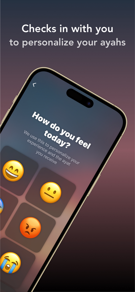 Interfaz de la aplicación Noor mostrando la pantalla de selección de estado de ánimo con emojis para personalizar los versos diarios del Corán según cómo se sienta el usuario.