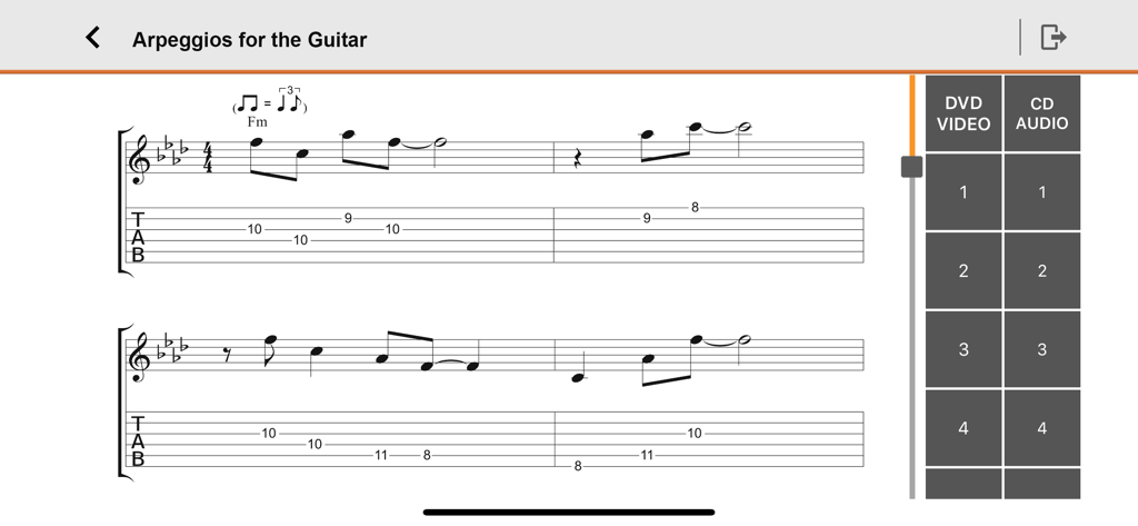 Partition musicale et tablature de guitare pour le tutoriel d'arpèges dans l'application Play Musique