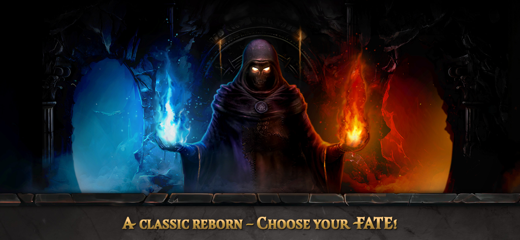 FATE: Reawakened - Une figure sombre encapuchonnée avec des yeux brillants tenant des flammes bleues et oranges entre deux portails.