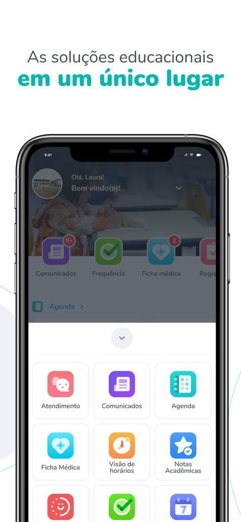 Sophia plus by Layersアプリのダッシュボード画面。さまざまな教育サービスアイコンが表示されています。
