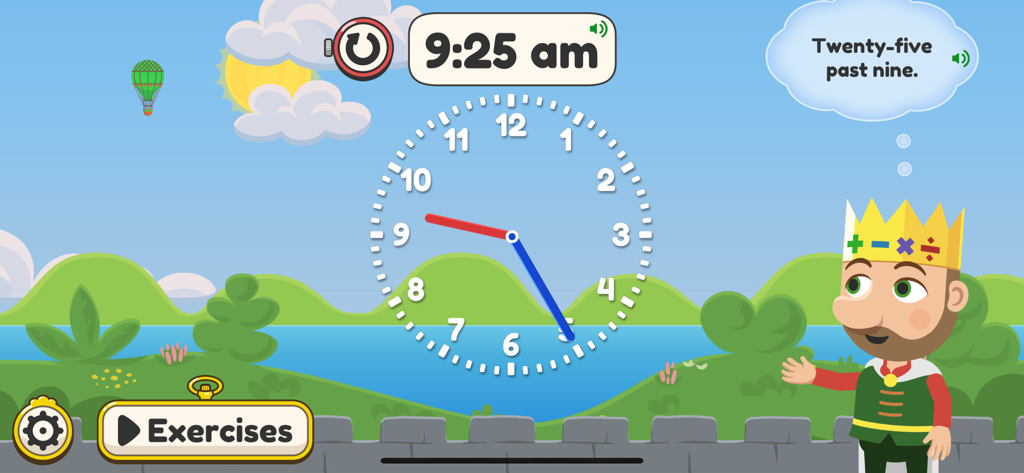 King of Math: Telling Time - Interface of King of Math Telling Time app showing a cartoon king next to an analog clock and digital time display
