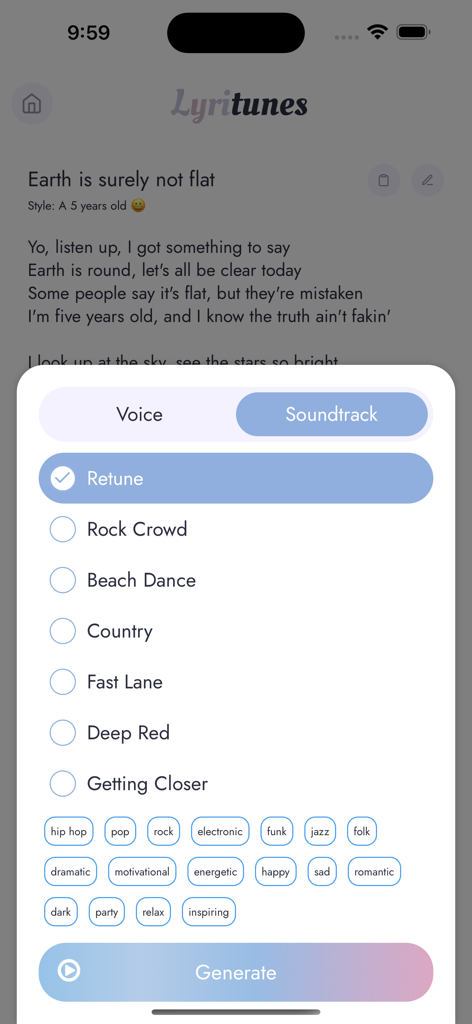 LyriTunes - Lyrics Generator - LyriTunes 앱에서 생성된 가사에 대한 다양한 사운드트랙 옵션 및 음악 장르를 보여주는 메뉴.