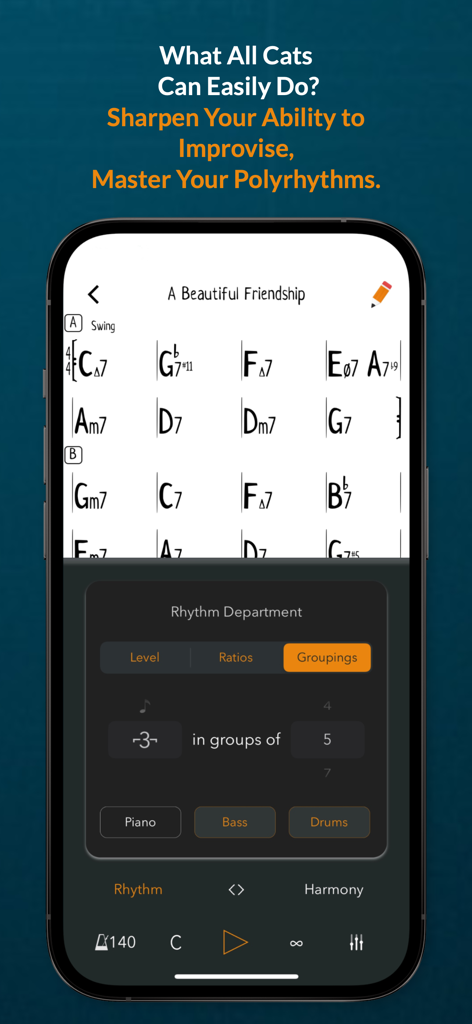 Genius Jamtracks - Genius Jamtracks jazz chord chart and rhythm department interface for practicing polyrhythms
