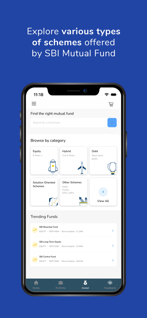 SBIMF InvestEasy - Interface de l'application mobile SBIMF InvestEasy montrant diverses catégories de fonds communs de placement et les programmes d'investissement tendance.