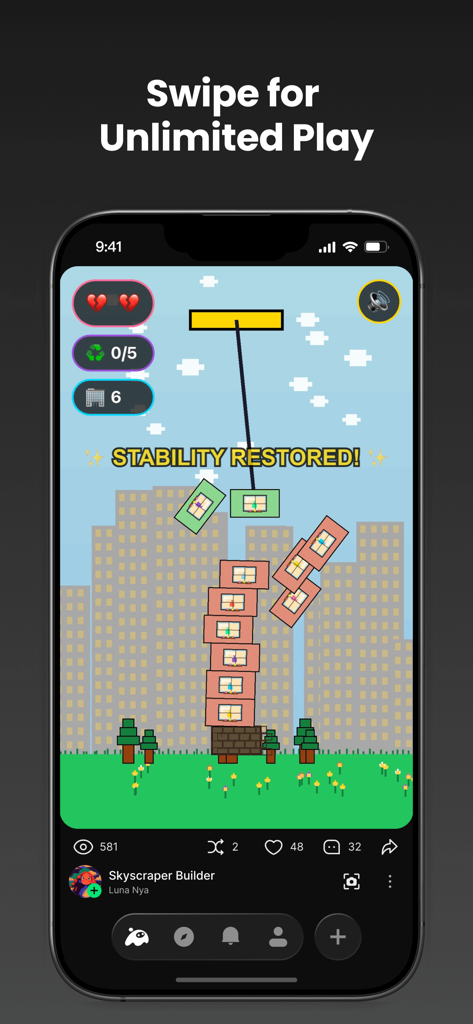 Uno screenshot mobile dell'app Aippy che mostra un gioco di impilamento di grattacieli in pixel art creato dall'utente con il testo "Stabilità ripristinata".