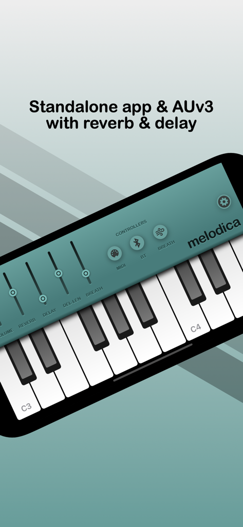 Melodica - Interfaz de la aplicación Melodica con un teclado y deslizadores de efectos de audio