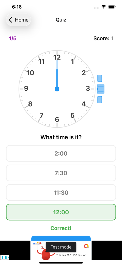 Learn Time & Clock for Kids - Interactive telling time quiz screen showing an analog clock set to 12 o'clock with multiple choice options for kids.