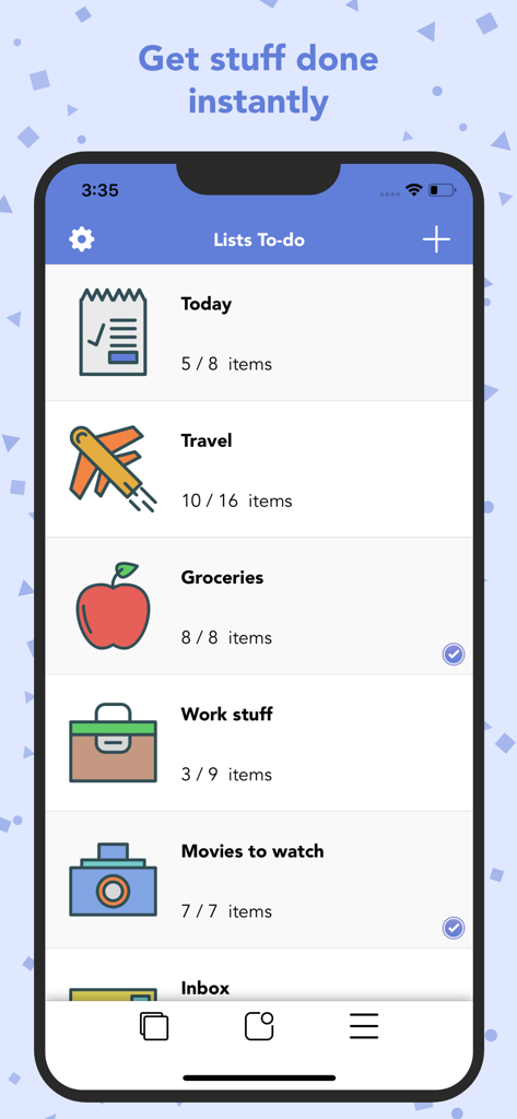 Lists To-do - iPhone screenshot of the Lists To-do app displaying various categorized task lists like Groceries and Work stuff with colorful icons and item completion counts