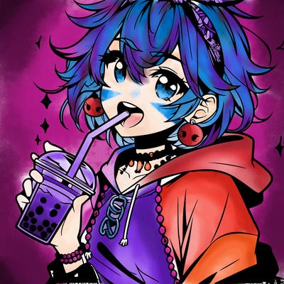 hot baddie anime girl drinking boba and biting the straw