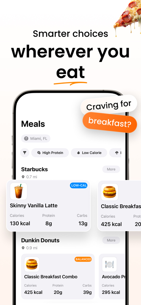 LeanBites - Healthy Dining - LeanBites app interface showing restaurant meals with calorie and macro counts for healthy dining