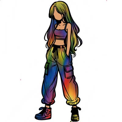 girl in baggy pants crop top and long hair