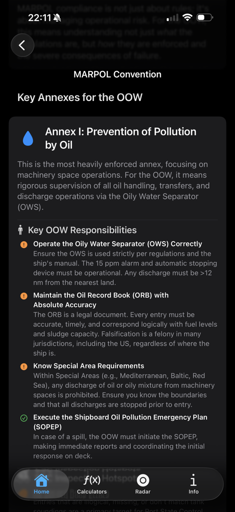 Maritime Master OOW app interface showing MARPOL Annex 1 guidelines for preventing oil pollution.