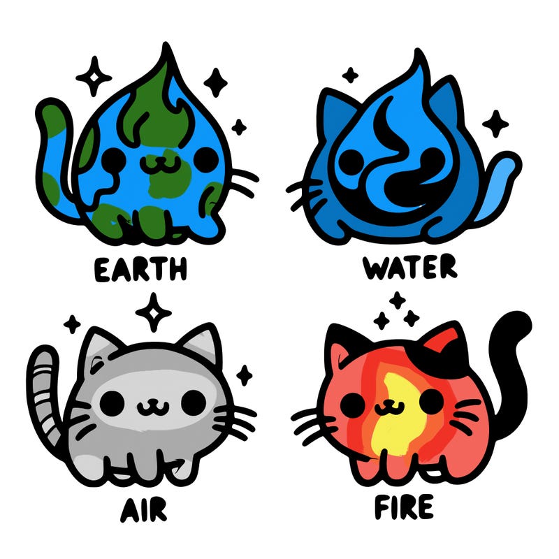 4 cats that represent the different elements, earth, water, air, and fire