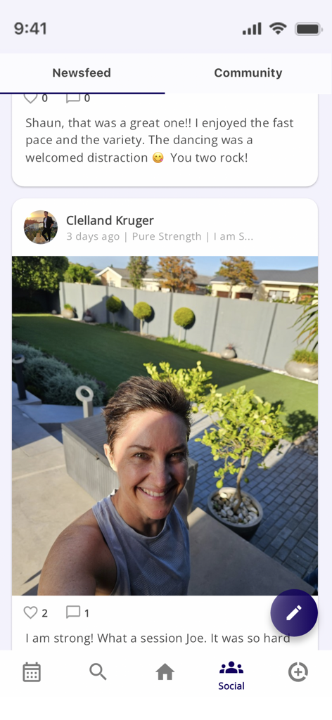 JEFF Fitness - A screenshot of the JEFF Fitness app newsfeed showing a user workout selfie and community social interactions