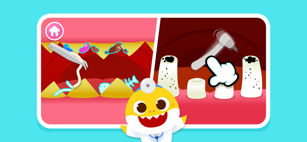 Baby Shark Dentist Play: Game - Pantalla de juego que muestra a Baby Shark como dentista usando herramientas dentales para tratar dientes