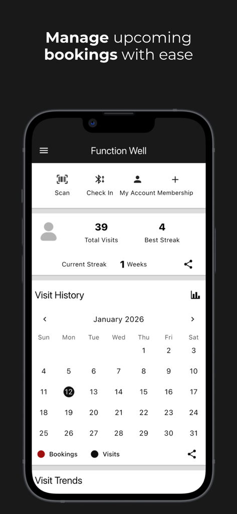 Function Well - Function Well app interface showing a calendar for gym visit history and membership management stats.
