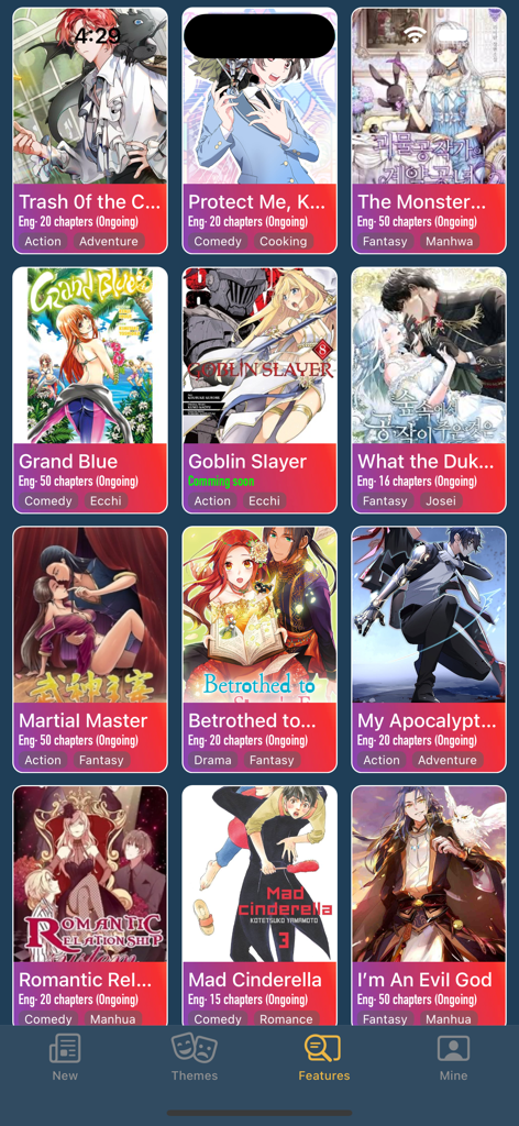 Una colección de títulos de manga y webtoon en la interfaz de la aplicación Manga Reader.