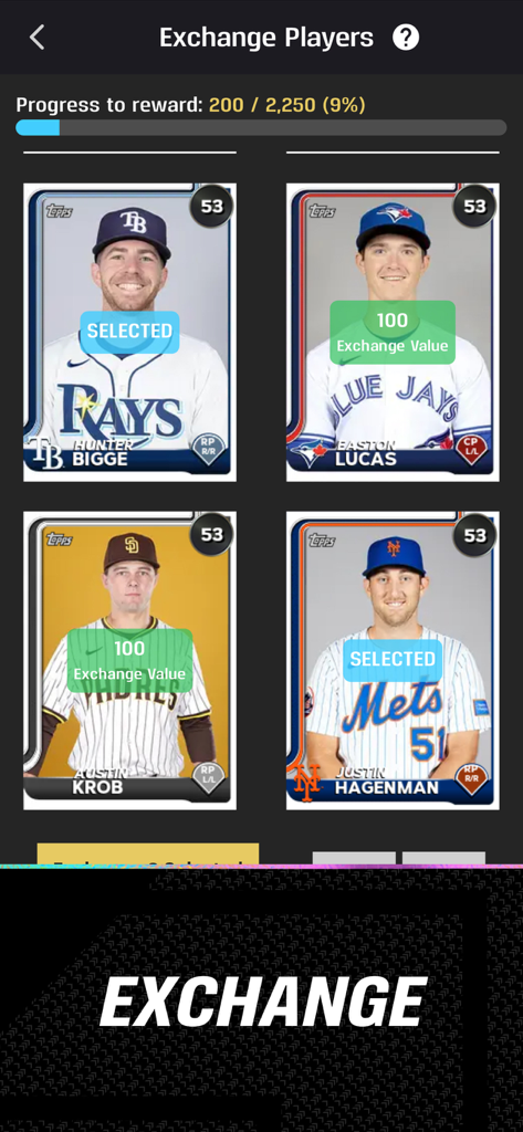 Interface of the MLB The Show Companion App showing the player exchange screen with various baseball cards selected for rewards.