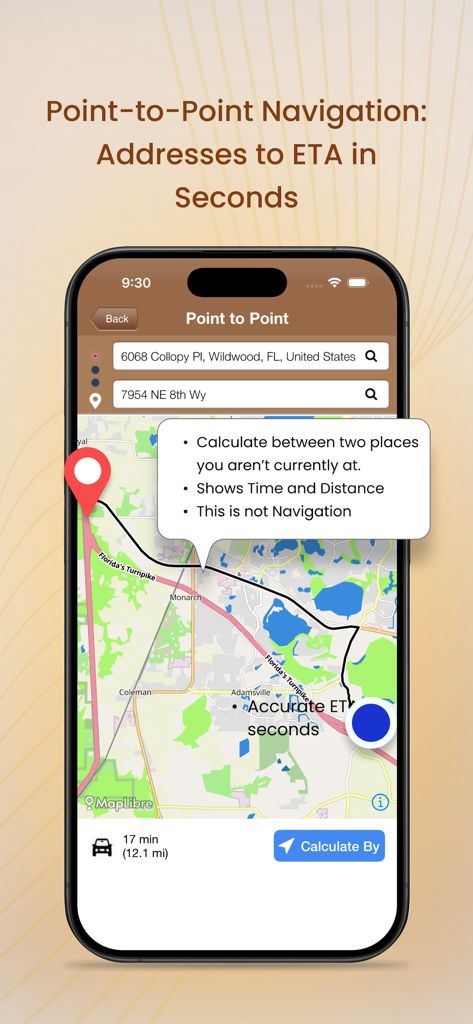 Villages GPS app interface showing point to point navigation planning on a map between two addresses.