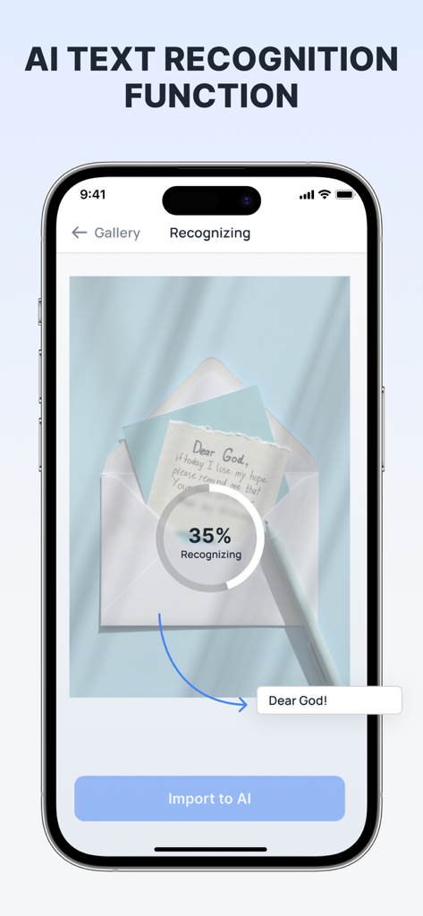 Smartphone screen demonstrating the AI text recognition feature extracting handwritten text from a scanned note.