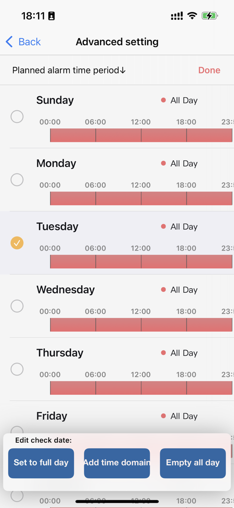 Weekly alarm schedule configuration screen in the CamHipro app showing 24 hour monitoring settings for motion alerts.