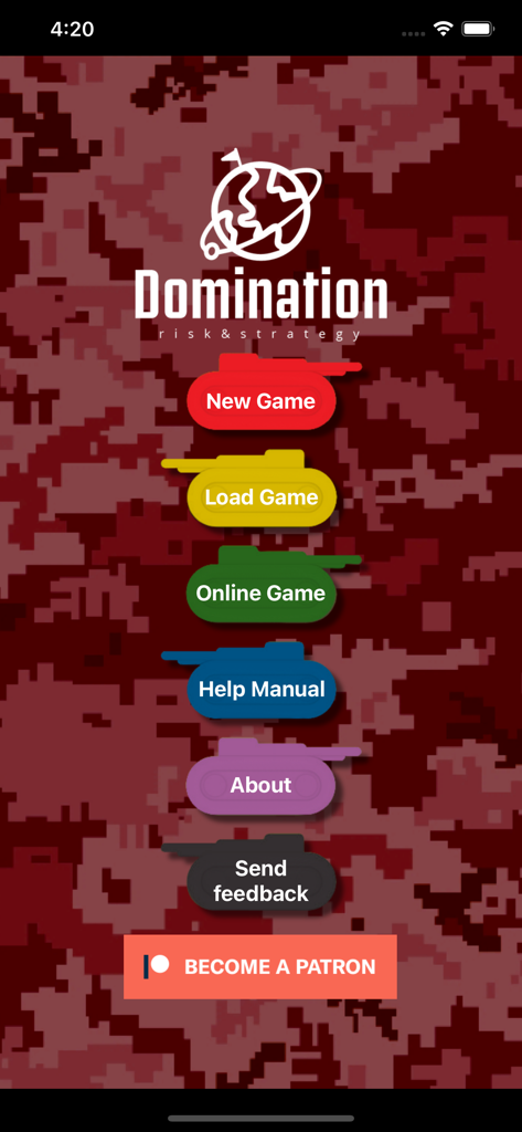 Domination (risk & strategy) - Menu principale dell'app Domination per il gioco di rischio e strategia con opzioni a forma di carro armato su uno sfondo mimetico rosso