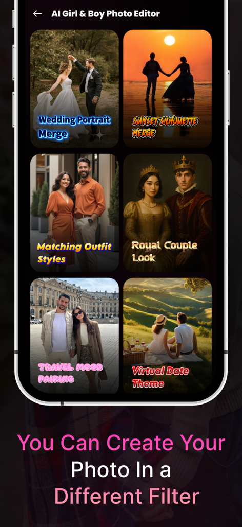 AI Couple Photo Generator - Eine mobile Benutzeroberfläche für AI Couple Photo Generator, die verschiedene Fotofilter wie Hochzeits-, Königs- und Sonnenuntergangsthemen anzeigt
