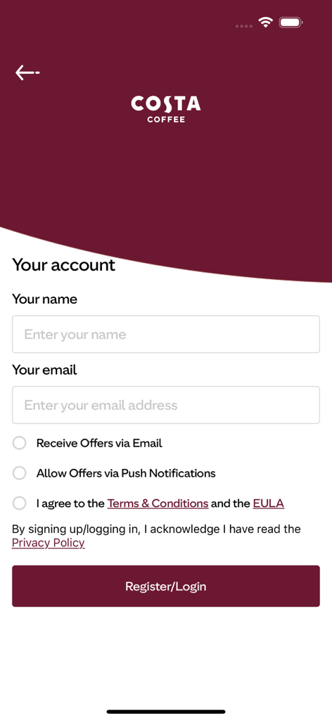 Costa Coffee Gibraltar - コスタコーヒー ジブラルタルアプリのアカウント登録とログイン画面