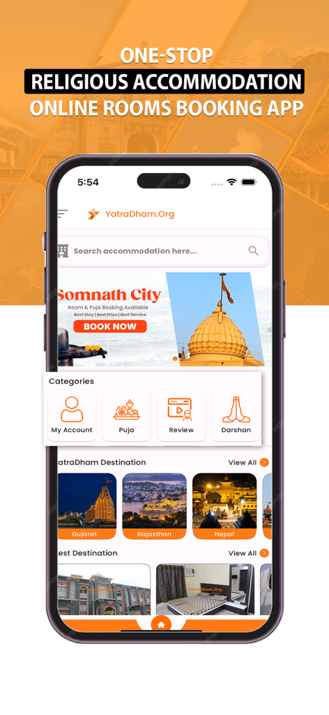 YatraDham mobile app home screen for booking religious accommodation and puja services in India