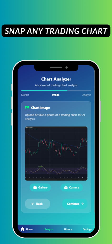 iTrade - AI Trading Assistant - iTrade app interface showing the chart analyzer screen for uploading a stock or crypto chart for AI analysis