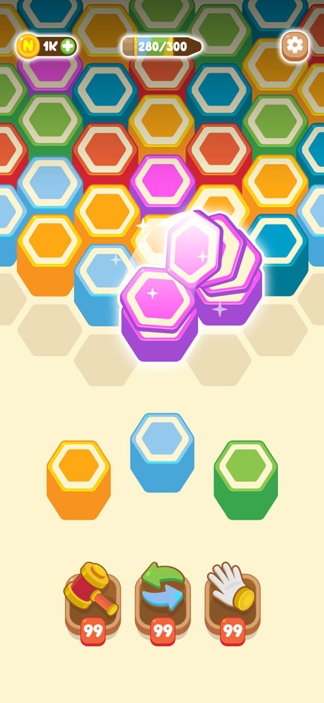 Pencil Sort - Color Sorting - Tela de jogabilidade do Pencil Sort mostrando peças hexagonais 3D em um quebra-cabeça de classificação e mesclagem colorida.