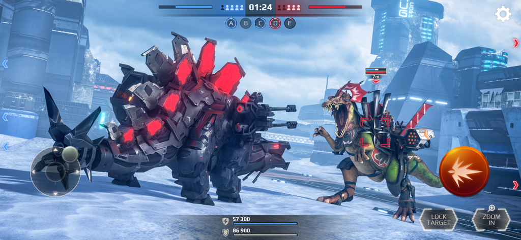 Jurassic Monster World 3D FPS - A mechanized Stegosaurus and an augmented Tyrannosaurus battling in a snowy futuristic city