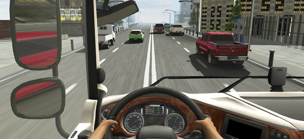 Truck Racer 3D - vista de cockpit em primeira pessoa de um caminhão dirigindo pelo tráfego da rodovia