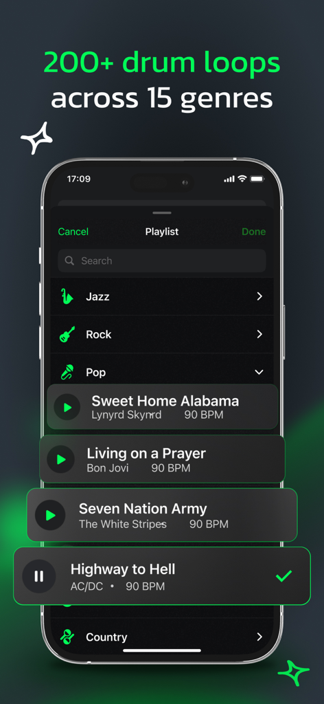 Guitar Tuner - Stringo - Application d'accordage de guitare Stringo montrant une liste de lecture de boucles de batterie et de genres.
